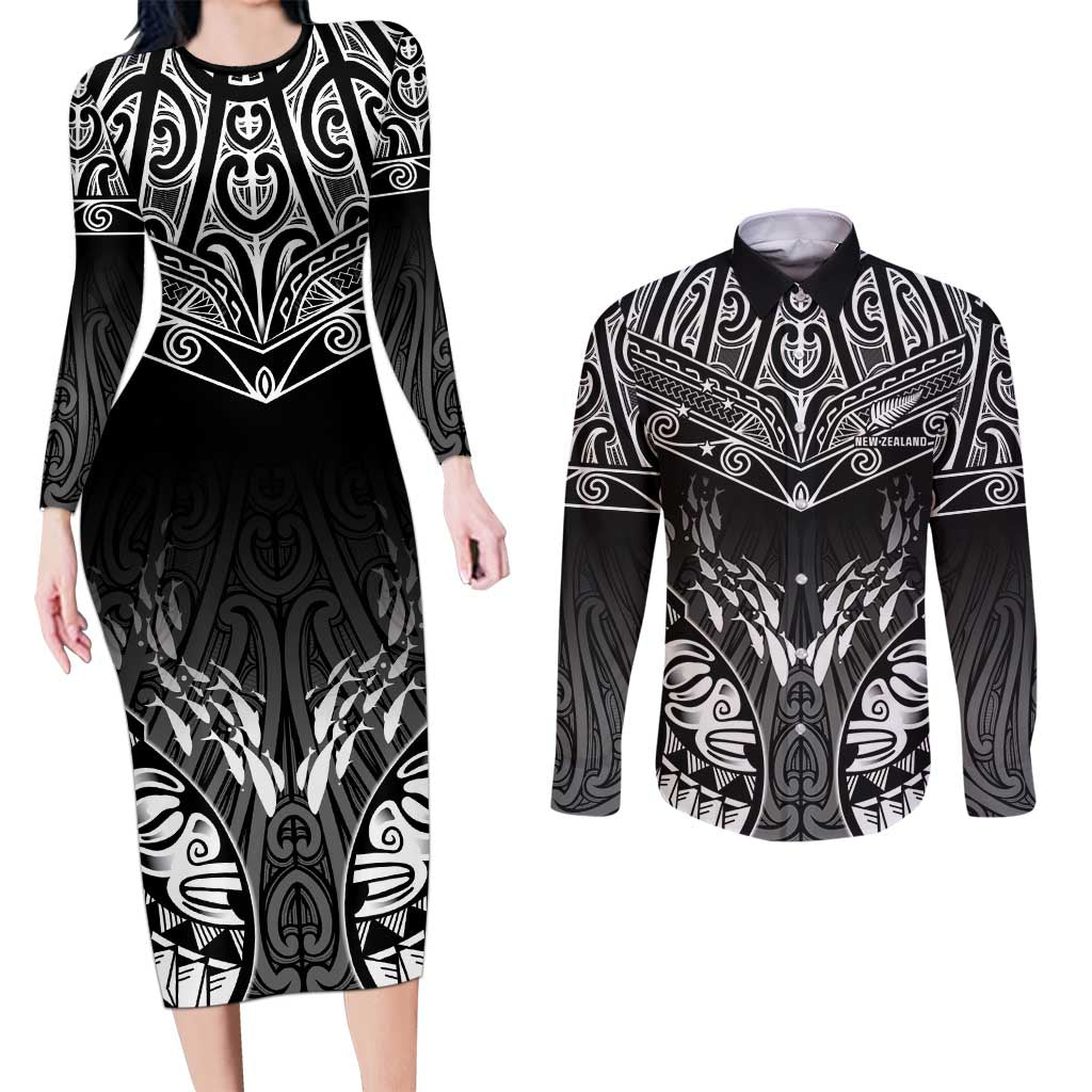 Custom New Zealand Fishing Couples Matching Long Sleeve Bodycon Dress and Long Sleeve Button Shirt Aotearoa Maori Koru LT05 Black - Polynesian Pride