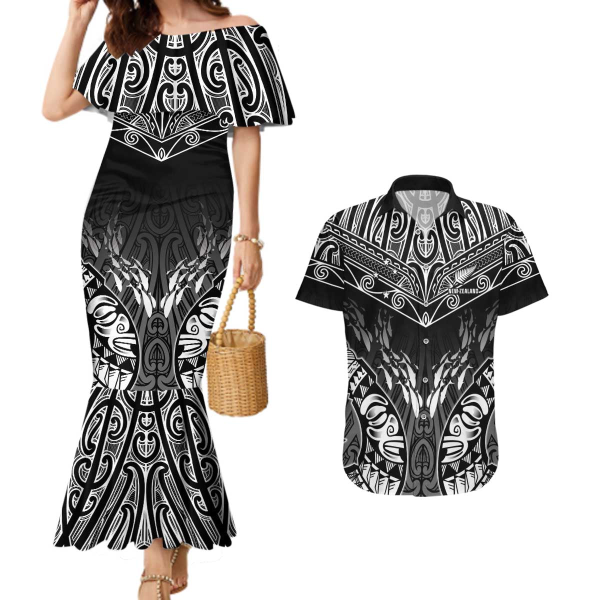 Custom New Zealand Fishing Couples Matching Mermaid Dress and Hawaiian Shirt Aotearoa Maori Koru LT05 Black - Polynesian Pride