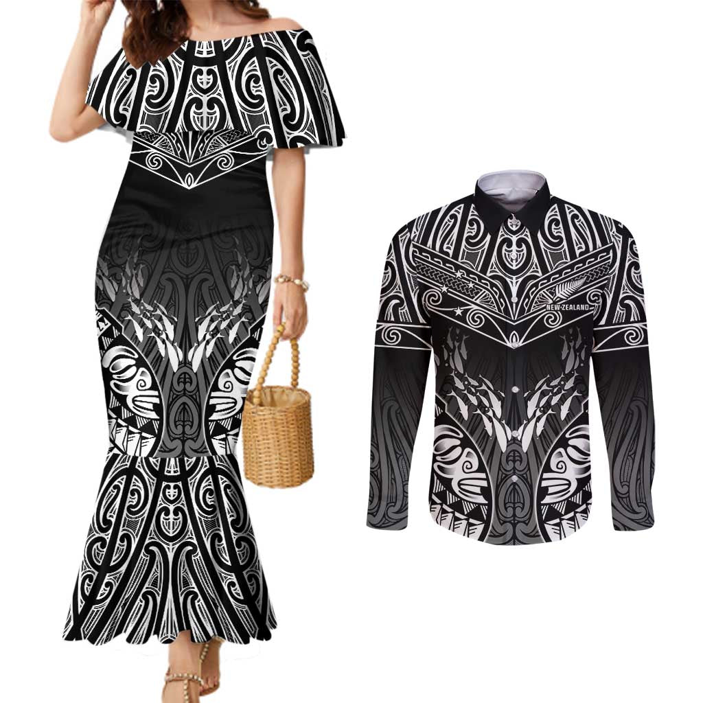 Custom New Zealand Fishing Couples Matching Mermaid Dress and Long Sleeve Button Shirt Aotearoa Maori Koru LT05 Black - Polynesian Pride