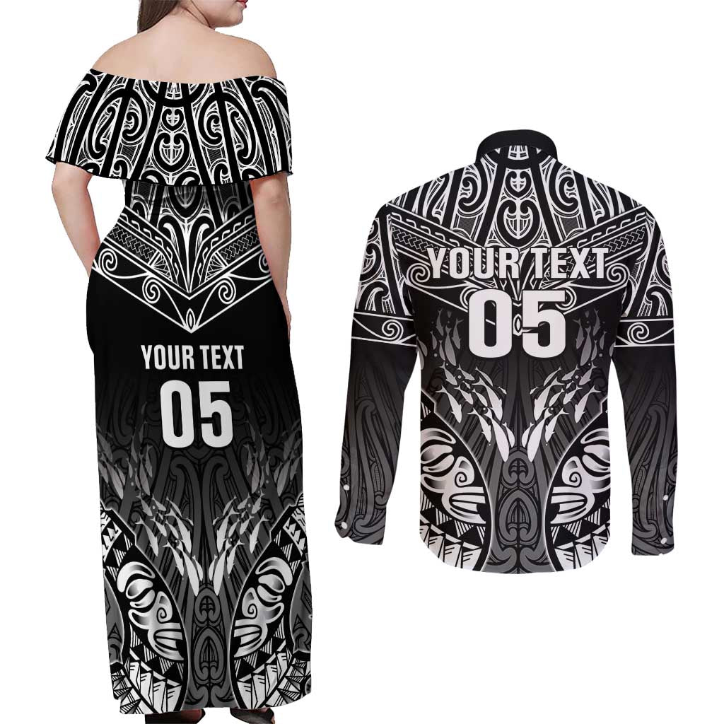 Custom New Zealand Fishing Couples Matching Off Shoulder Maxi Dress and Long Sleeve Button Shirt Aotearoa Maori Koru LT05 - Polynesian Pride