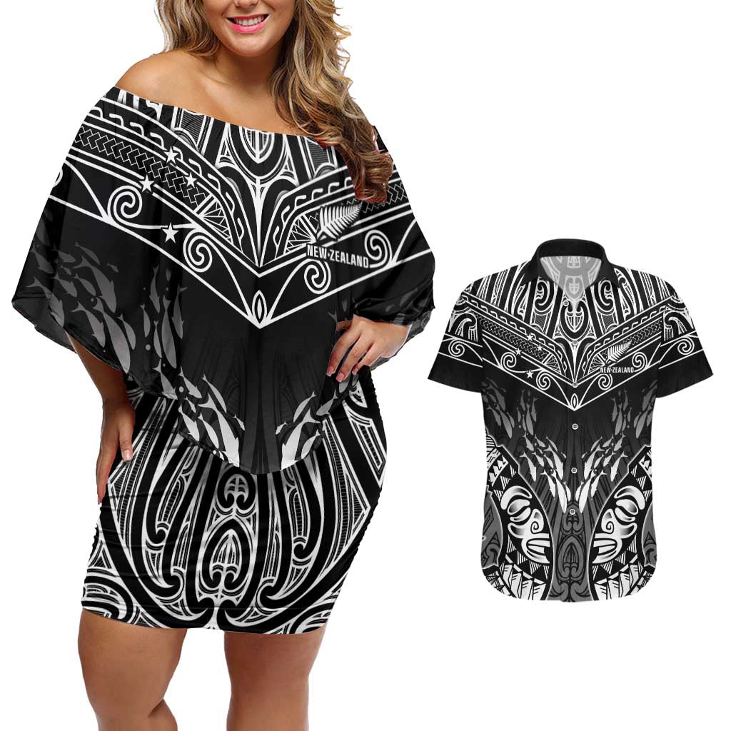 Custom New Zealand Fishing Couples Matching Off Shoulder Short Dress and Hawaiian Shirt Aotearoa Maori Koru LT05 Black - Polynesian Pride