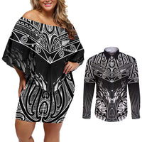 Custom New Zealand Fishing Couples Matching Off Shoulder Short Dress and Long Sleeve Button Shirt Aotearoa Maori Koru LT05 Black - Polynesian Pride