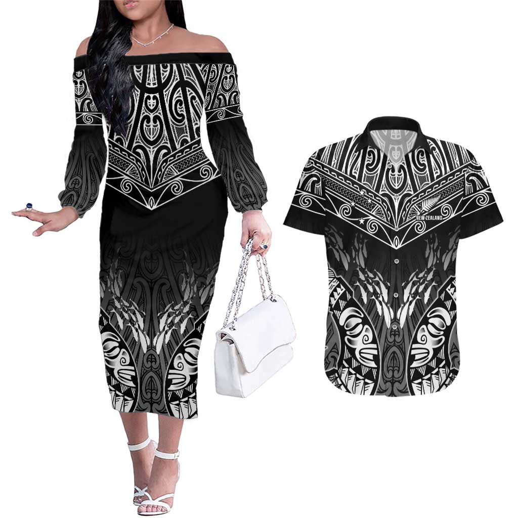 Custom New Zealand Fishing Couples Matching Off The Shoulder Long Sleeve Dress and Hawaiian Shirt Aotearoa Maori Koru LT05 Black - Polynesian Pride