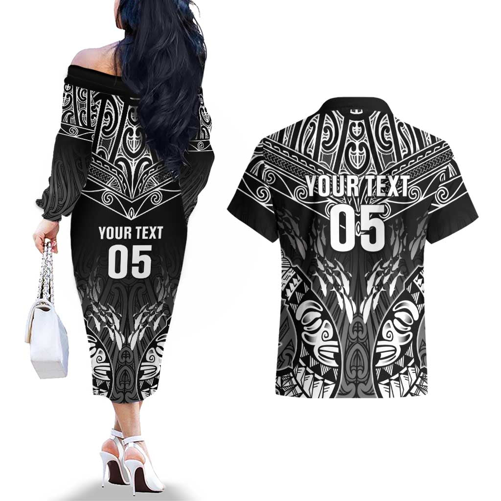 Custom New Zealand Fishing Couples Matching Off The Shoulder Long Sleeve Dress and Hawaiian Shirt Aotearoa Maori Koru LT05 - Polynesian Pride