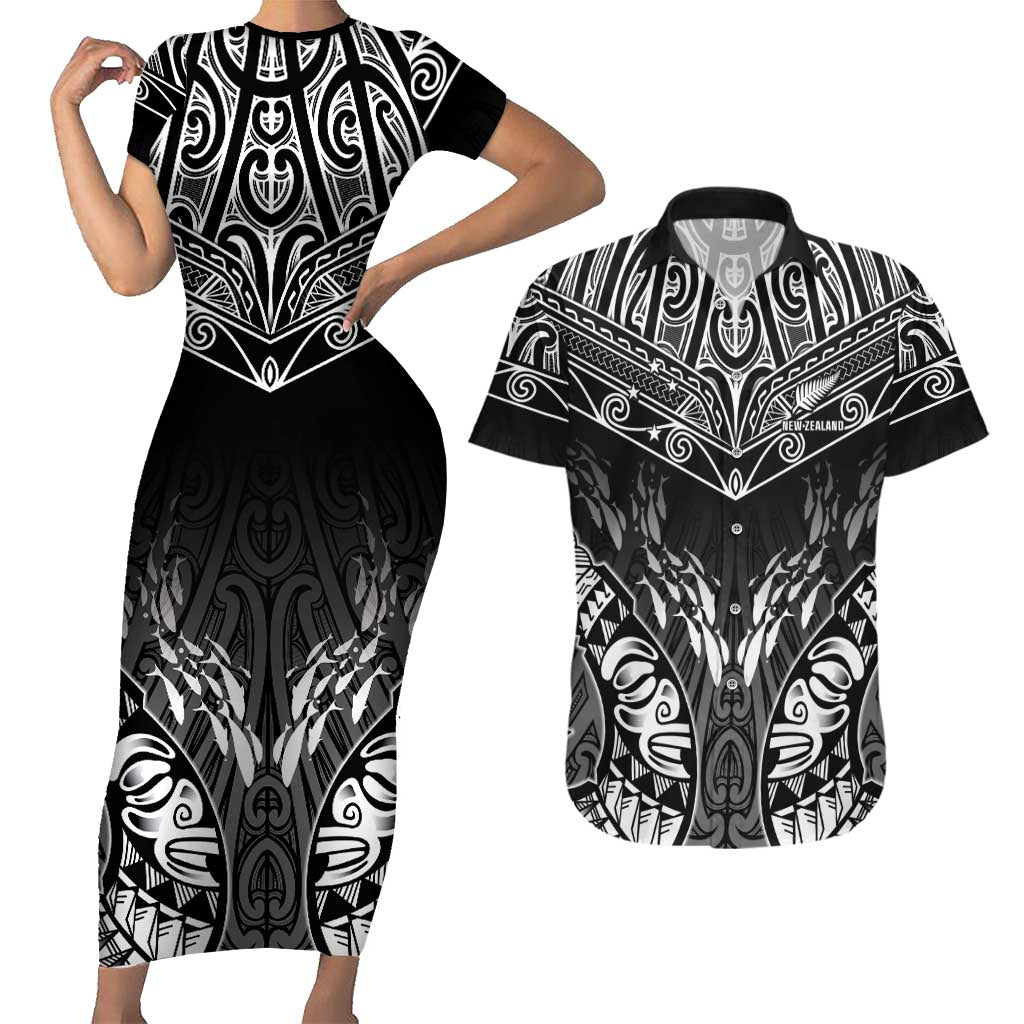 Custom New Zealand Fishing Couples Matching Short Sleeve Bodycon Dress and Hawaiian Shirt Aotearoa Maori Koru LT05 Black - Polynesian Pride