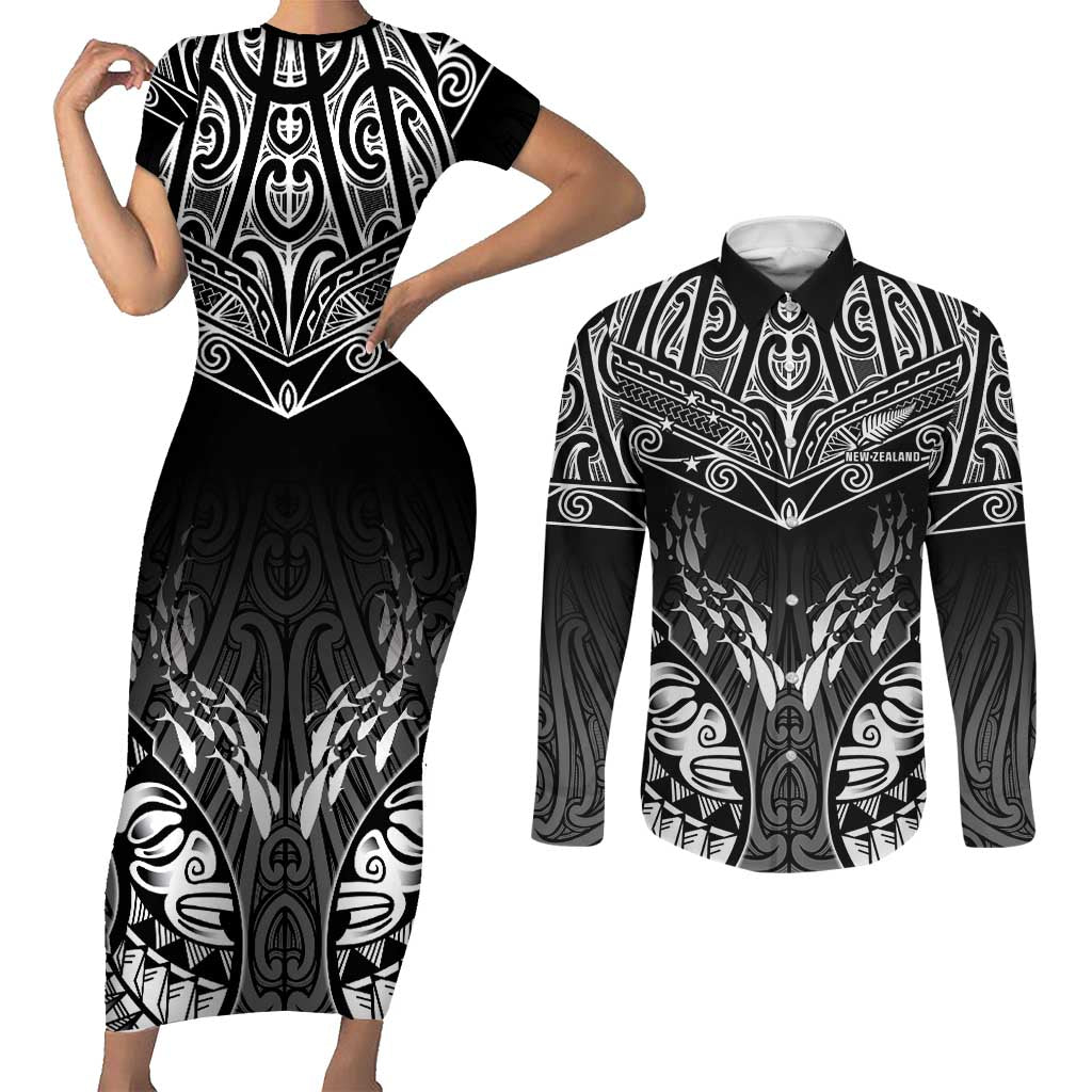Custom New Zealand Fishing Couples Matching Short Sleeve Bodycon Dress and Long Sleeve Button Shirt Aotearoa Maori Koru LT05 Black - Polynesian Pride