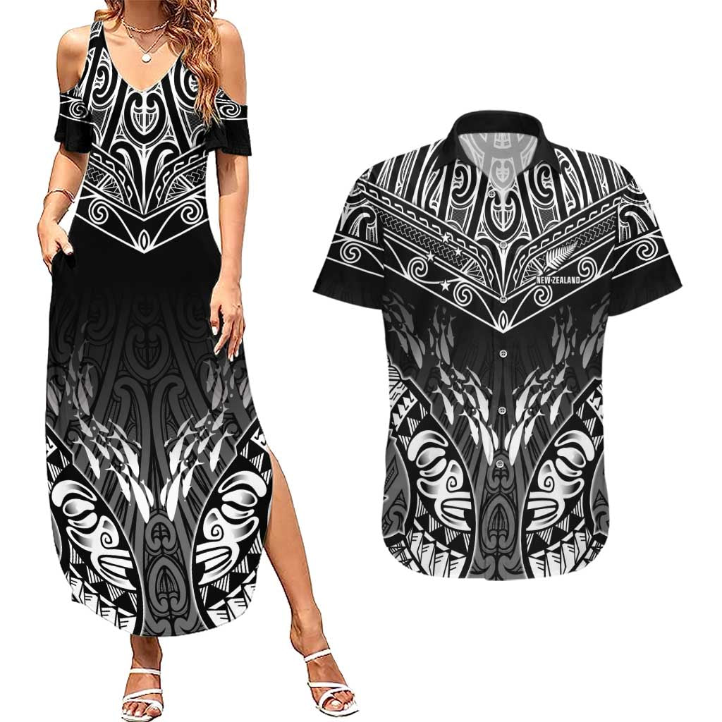 Custom New Zealand Fishing Couples Matching Summer Maxi Dress and Hawaiian Shirt Aotearoa Maori Koru LT05 Black - Polynesian Pride