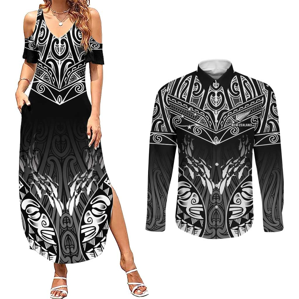 Custom New Zealand Fishing Couples Matching Summer Maxi Dress and Long Sleeve Button Shirt Aotearoa Maori Koru LT05 Black - Polynesian Pride