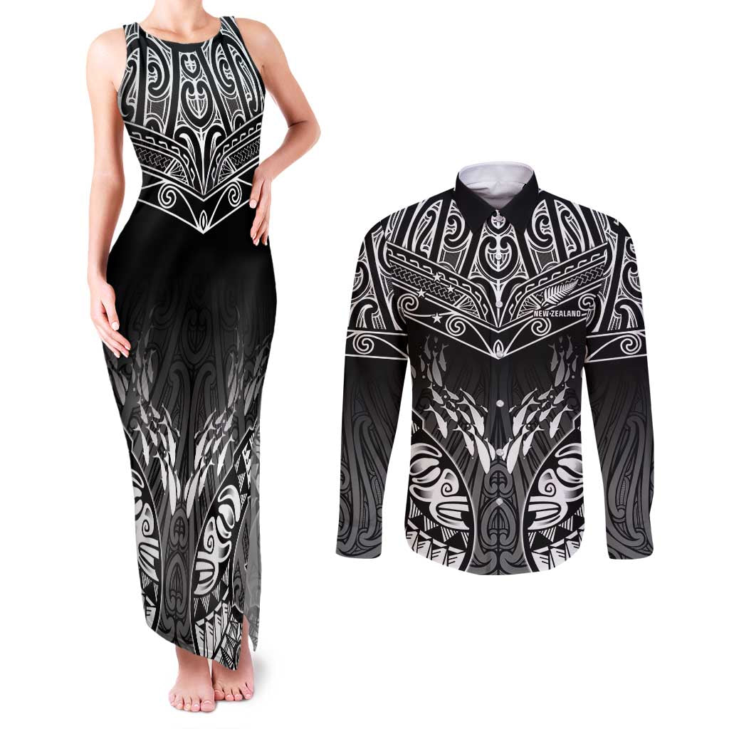 Custom New Zealand Fishing Couples Matching Tank Maxi Dress and Long Sleeve Button Shirt Aotearoa Maori Koru LT05 Black - Polynesian Pride