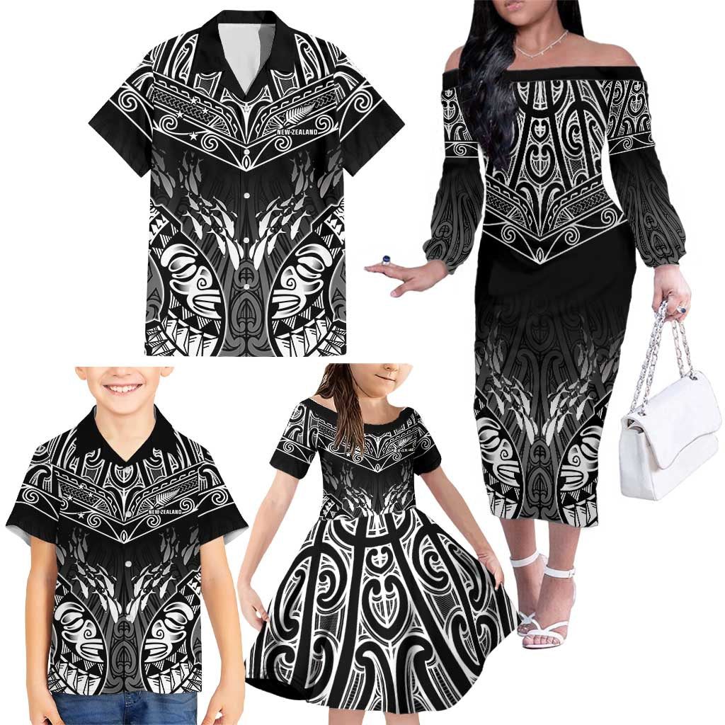 Custom New Zealand Fishing Family Matching Off The Shoulder Long Sleeve Dress and Hawaiian Shirt Aotearoa Maori Koru LT05 - Polynesian Pride