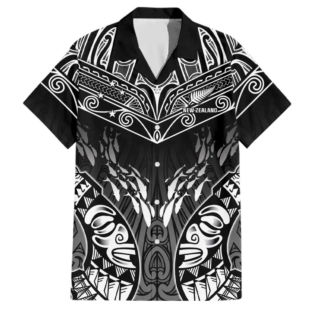 Custom New Zealand Fishing Family Matching Off Shoulder Maxi Dress and Hawaiian Shirt Aotearoa Maori Koru LT05 Dad's Shirt - Short Sleeve Black - Polynesian Pride