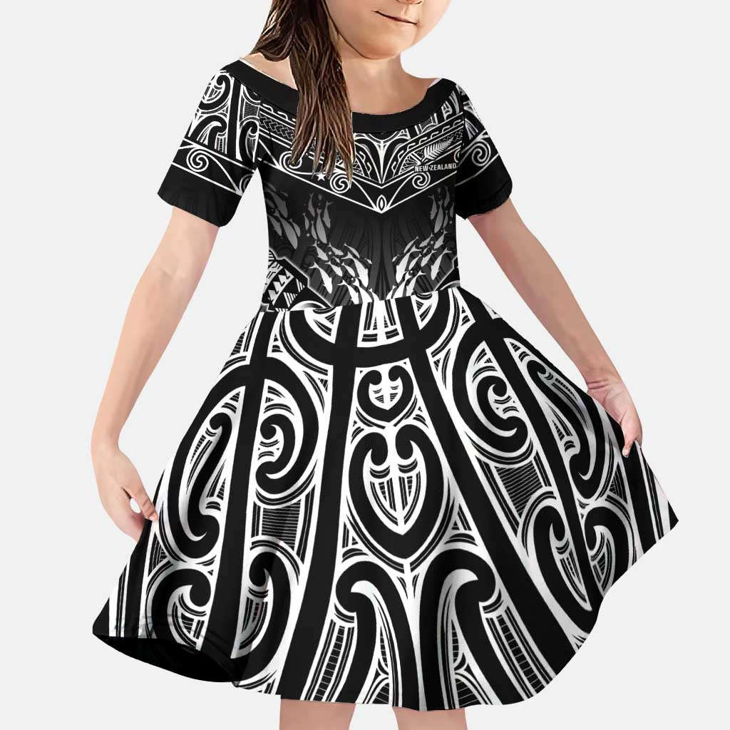 Custom New Zealand Fishing Family Matching Off Shoulder Short Dress and Hawaiian Shirt Aotearoa Maori Koru LT05 Daughter's Dress Black - Polynesian Pride