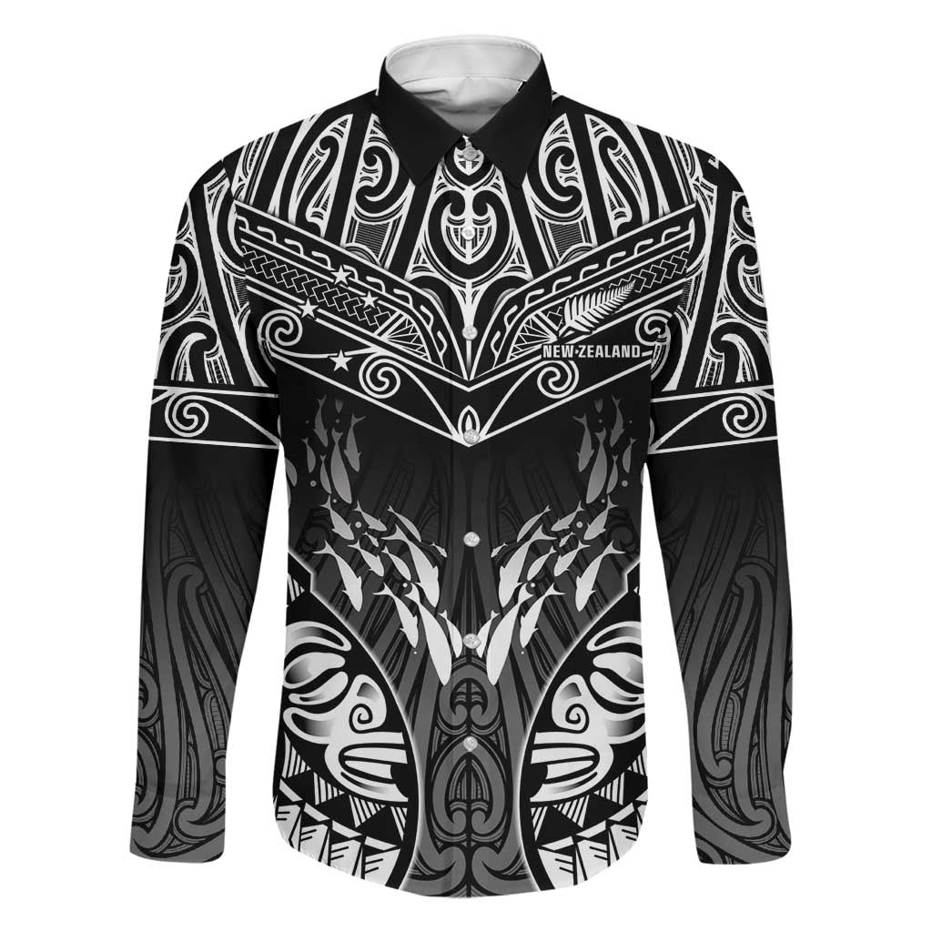 Custom New Zealand Fishing Family Matching Summer Maxi Dress and Hawaiian Shirt Aotearoa Maori Koru LT05 Dad's Shirt - Long Sleeve Black - Polynesian Pride