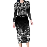 Custom New Zealand Fishing Long Sleeve Bodycon Dress Aotearoa Maori Koru LT05 Long Dress Black - Polynesian Pride