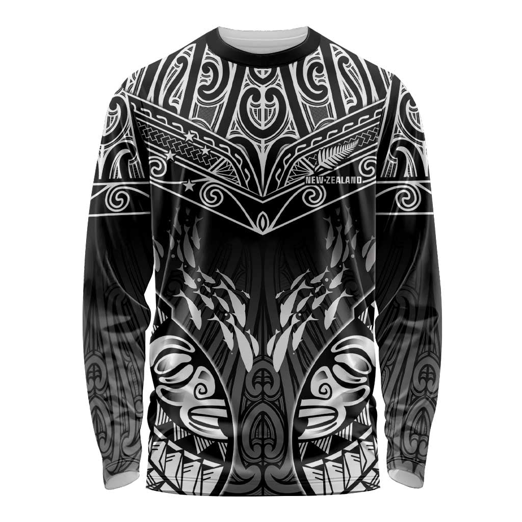 Custom New Zealand Fishing Long Sleeve Shirt Aotearoa Maori Koru LT05 Unisex Black - Polynesian Pride