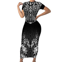 Custom New Zealand Fishing Short Sleeve Bodycon Dress Aotearoa Maori Koru LT05 Long Dress Black - Polynesian Pride