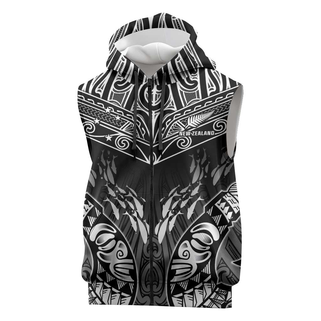 Custom New Zealand Fishing Sleeveless Zip Hoodie Aotearoa Maori Koru LT05 Black - Polynesian Pride