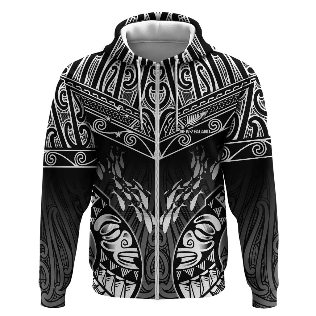 Custom New Zealand Fishing Zip Hoodie Aotearoa Maori Koru LT05 Zip Hoodie Black - Polynesian Pride
