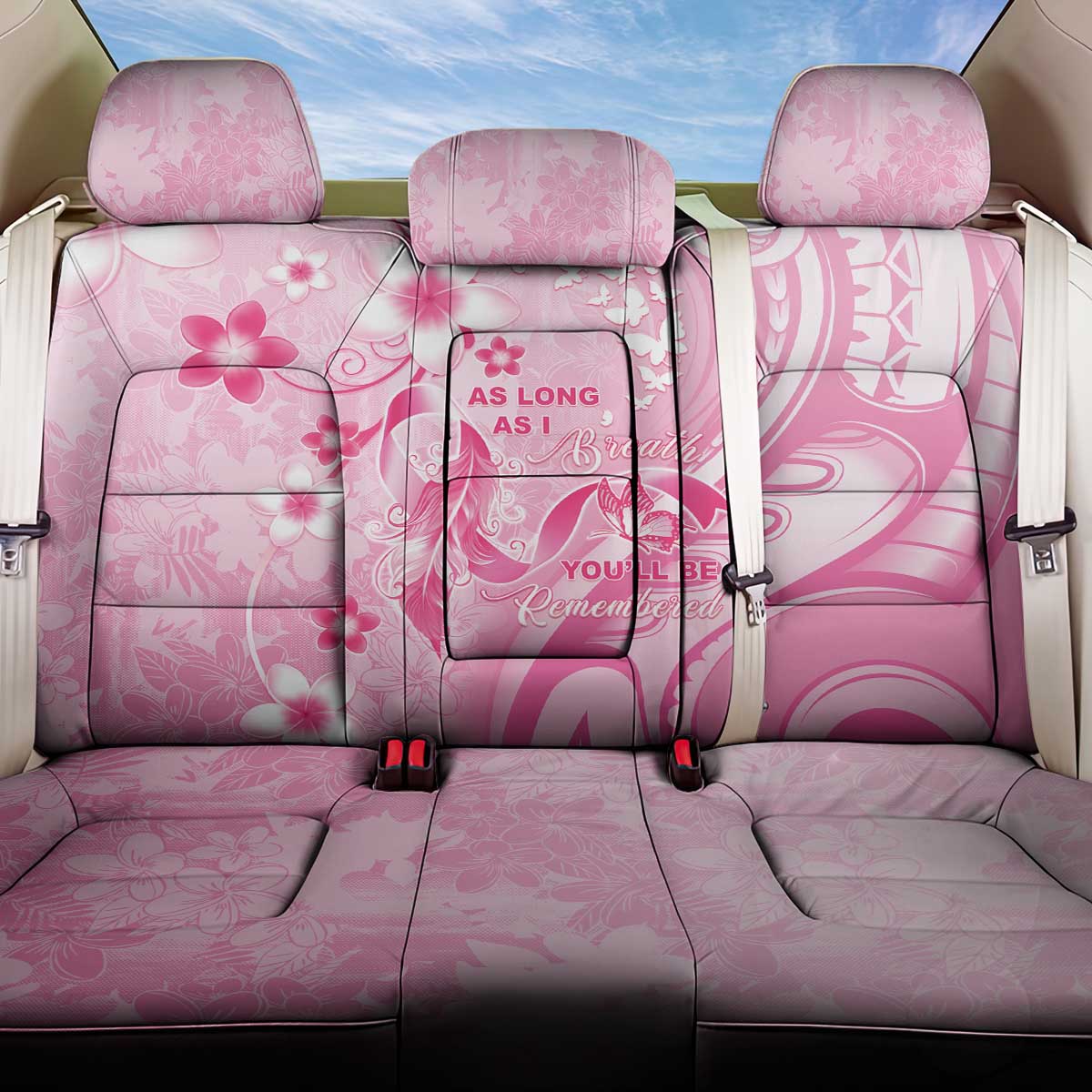 Memorial Pink Breast Cancer Awareness Back Car Seat Cover Plumeria Floral Tribal Pattern LT05 One Size Pink - Polynesian Pride