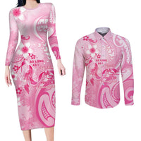 Personalised Memorial Pink Breast Cancer Awareness Couples Matching Long Sleeve Bodycon Dress and Long Sleeve Button Shirt Plumeria Floral Tribal Pattern LT05 Pink - Polynesian Pride