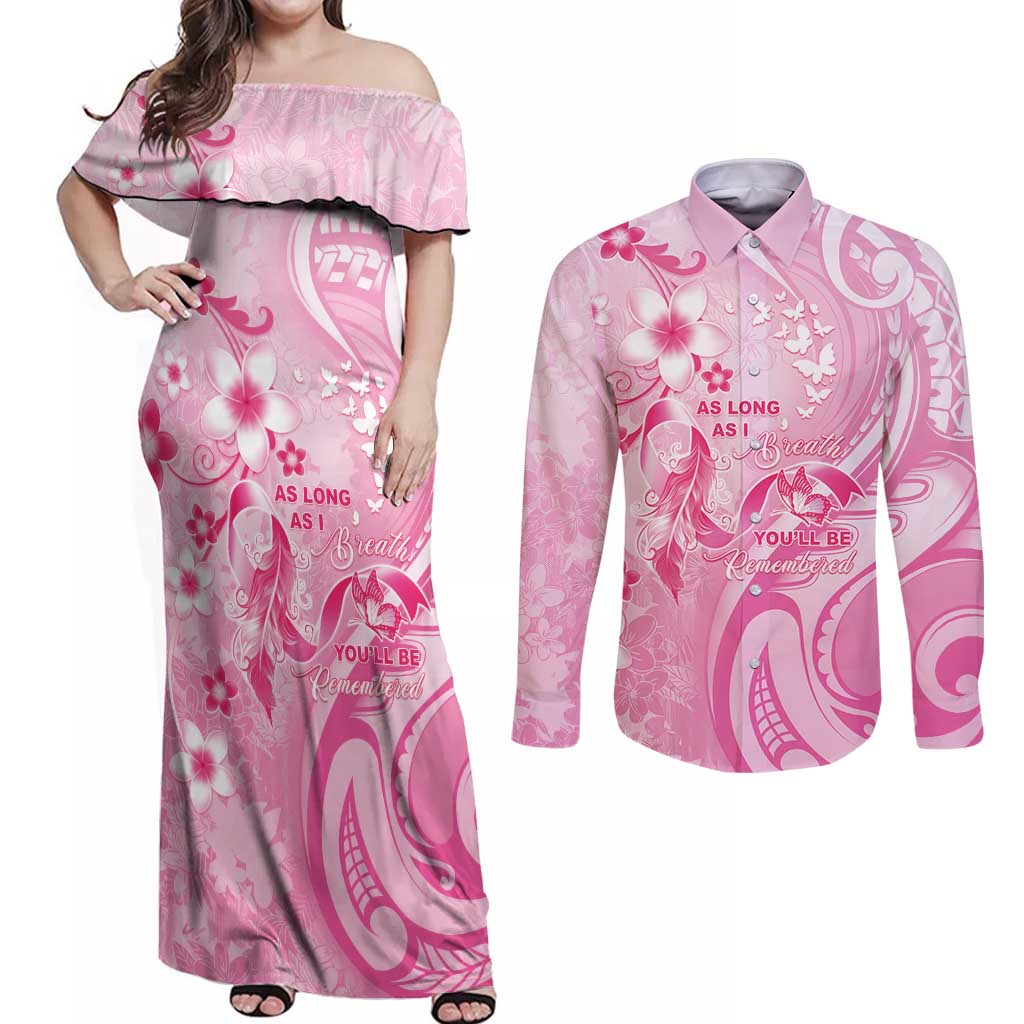 Personalised Memorial Pink Breast Cancer Awareness Couples Matching Off Shoulder Maxi Dress and Long Sleeve Button Shirt Plumeria Floral Tribal Pattern LT05 Pink - Polynesian Pride