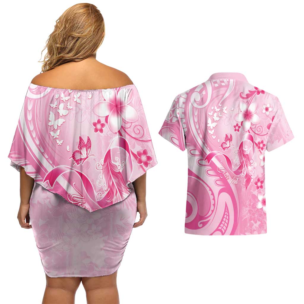 Personalised Memorial Pink Breast Cancer Awareness Couples Matching Off Shoulder Short Dress and Hawaiian Shirt Plumeria Floral Tribal Pattern LT05 - Polynesian Pride