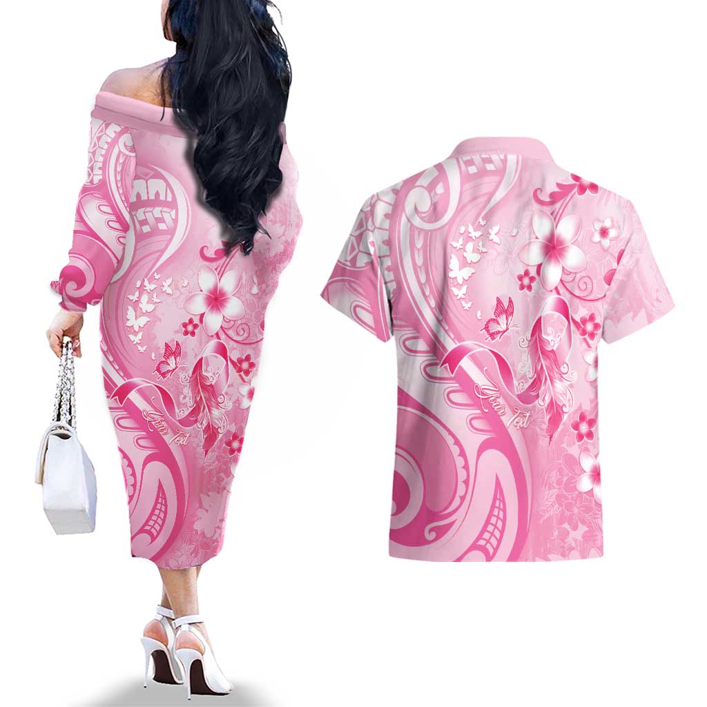 Personalised Memorial Pink Breast Cancer Awareness Couples Matching Off The Shoulder Long Sleeve Dress and Hawaiian Shirt Plumeria Floral Tribal Pattern LT05 - Polynesian Pride