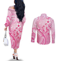 Personalised Memorial Pink Breast Cancer Awareness Couples Matching Off The Shoulder Long Sleeve Dress and Long Sleeve Button Shirt Plumeria Floral Tribal Pattern LT05 - Polynesian Pride