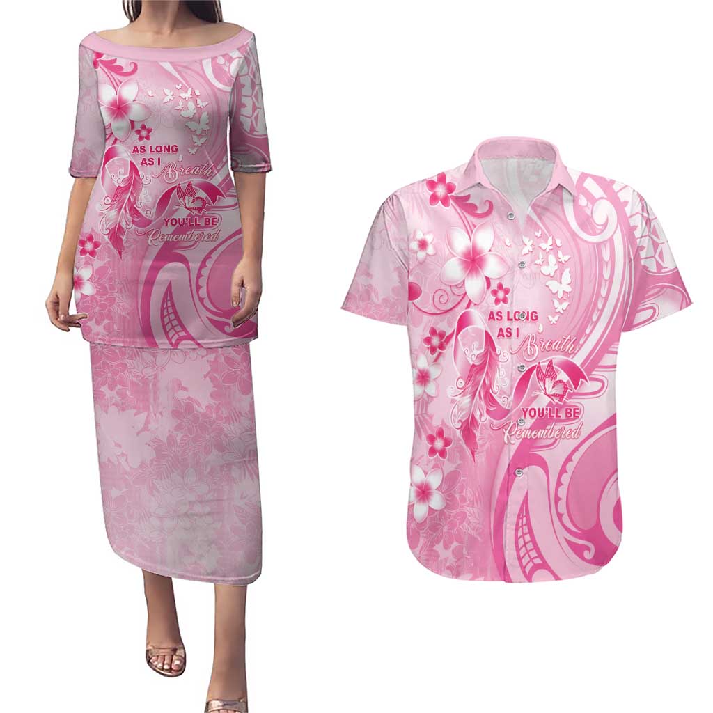 Personalised Memorial Pink Breast Cancer Awareness Couples Matching Puletasi and Hawaiian Shirt Plumeria Floral Tribal Pattern LT05 Pink - Polynesian Pride
