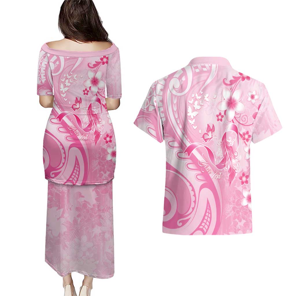 Personalised Memorial Pink Breast Cancer Awareness Couples Matching Puletasi and Hawaiian Shirt Plumeria Floral Tribal Pattern LT05 - Polynesian Pride
