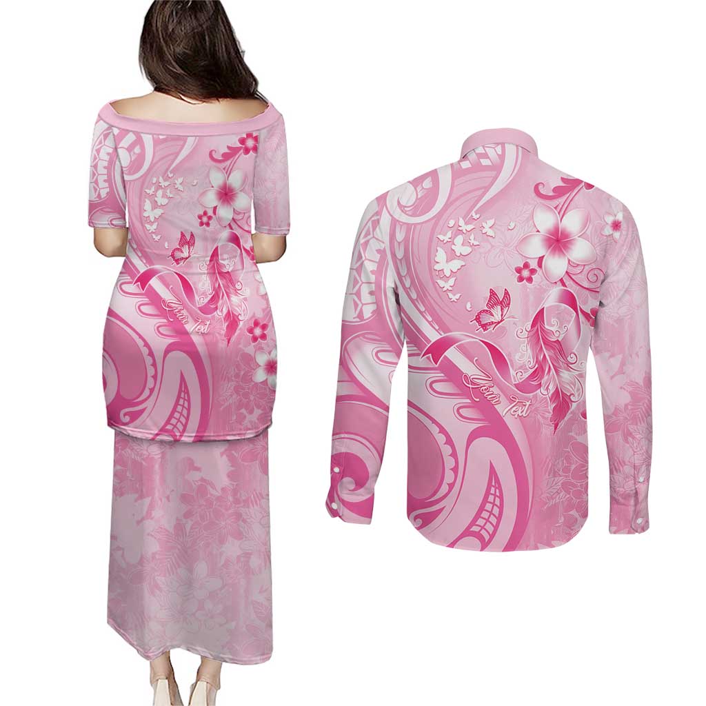 Personalised Memorial Pink Breast Cancer Awareness Couples Matching Puletasi and Long Sleeve Button Shirt Plumeria Floral Tribal Pattern LT05 - Polynesian Pride