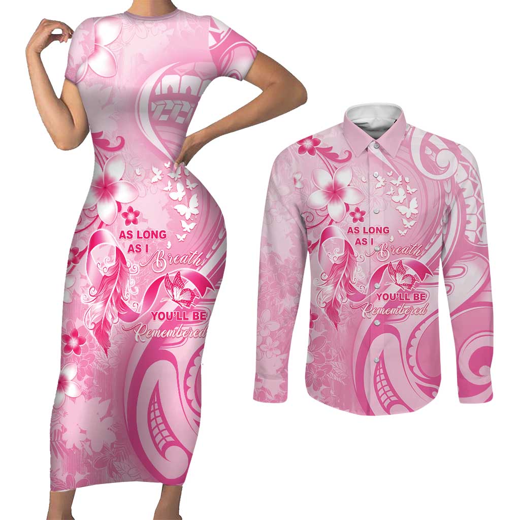 Personalised Memorial Pink Breast Cancer Awareness Couples Matching Short Sleeve Bodycon Dress and Long Sleeve Button Shirt Plumeria Floral Tribal Pattern - Polynesian Pride