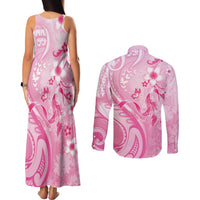 Personalised Memorial Pink Breast Cancer Awareness Couples Matching Tank Maxi Dress and Long Sleeve Button Shirt Plumeria Floral Tribal Pattern LT05 - Polynesian Pride