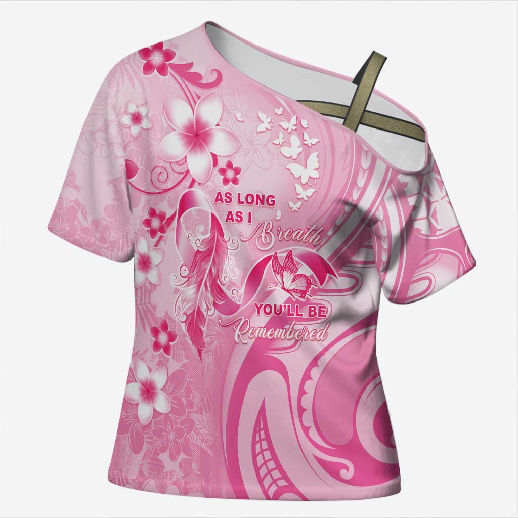 Personalised Memorial Pink Breast Cancer Awareness Cross Shoulder Shirt Plumeria Floral Tribal Pattern LT05 Female Pink - Polynesian Pride