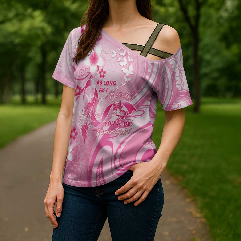 Personalised Memorial Pink Breast Cancer Awareness Cross Shoulder Shirt Plumeria Floral Tribal Pattern LT05 - Polynesian Pride
