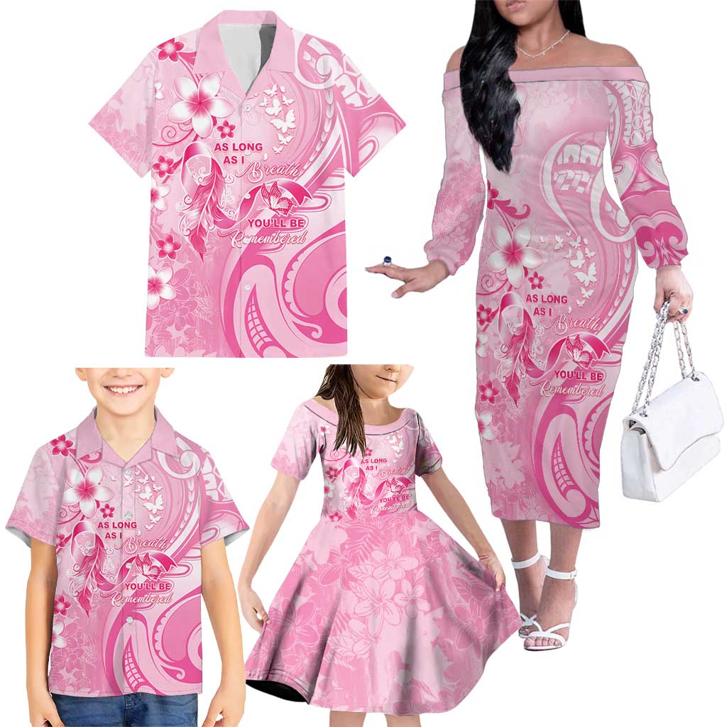 Personalised Memorial Pink Breast Cancer Awareness Family Matching Off The Shoulder Long Sleeve Dress and Hawaiian Shirt Plumeria Floral Tribal Pattern LT05 - Polynesian Pride