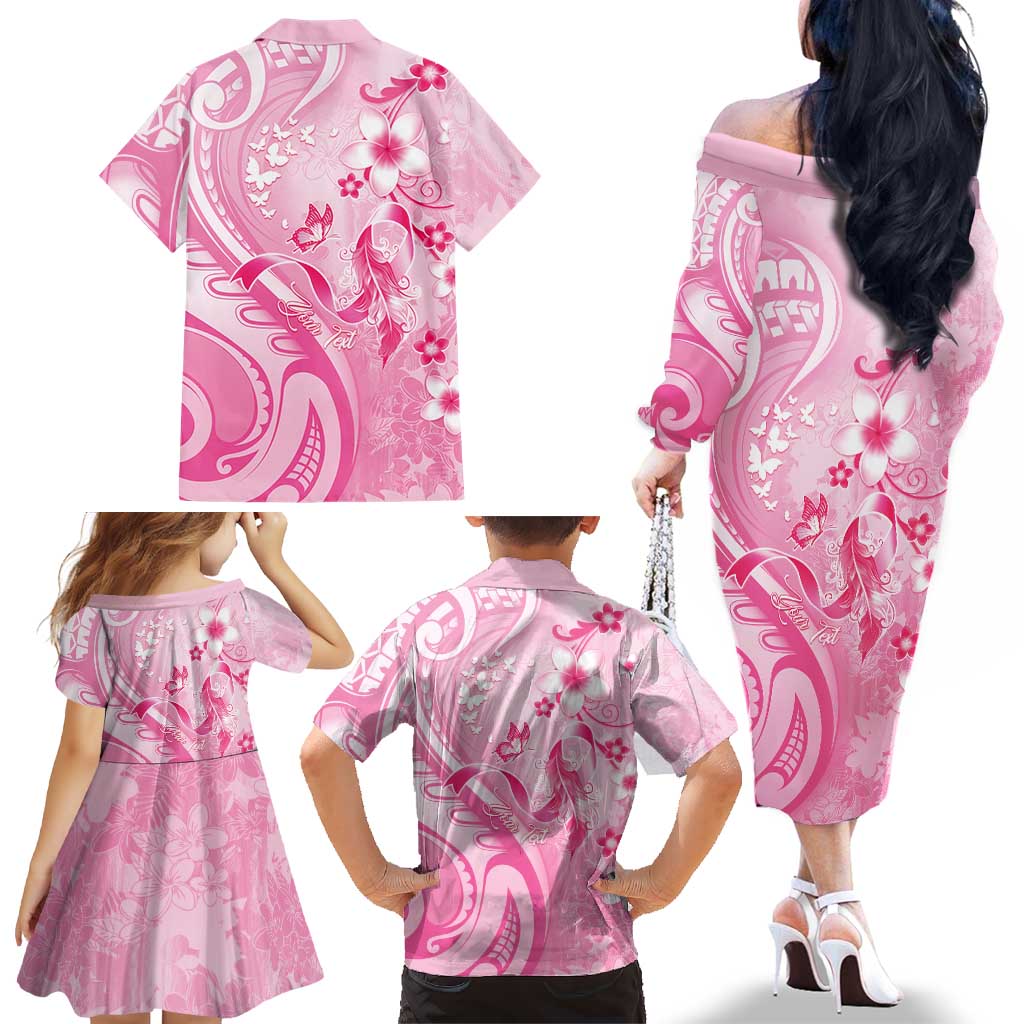 Personalised Memorial Pink Breast Cancer Awareness Family Matching Off The Shoulder Long Sleeve Dress and Hawaiian Shirt Plumeria Floral Tribal Pattern LT05 - Polynesian Pride