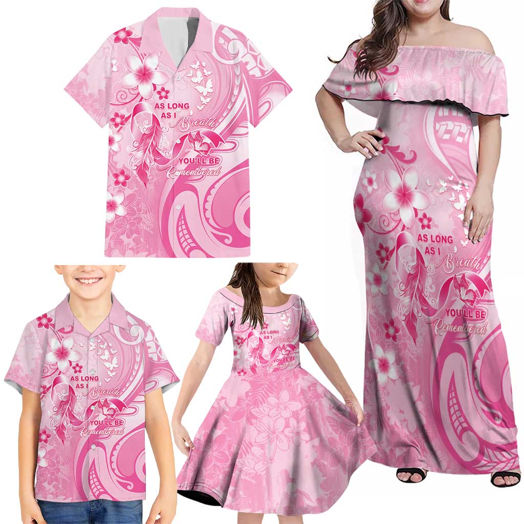 Personalised Memorial Pink Breast Cancer Awareness Family Matching Off Shoulder Maxi Dress and Hawaiian Shirt Plumeria Floral Tribal Pattern LT05 - Polynesian Pride