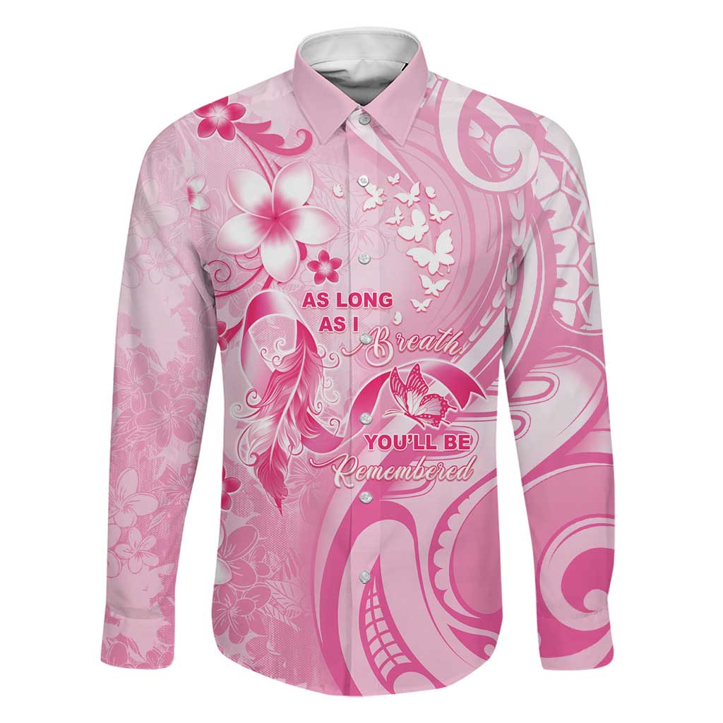 Personalised Memorial Pink Breast Cancer Awareness Family Matching Off Shoulder Maxi Dress and Hawaiian Shirt Plumeria Floral Tribal Pattern LT05 Dad's Shirt - Long Sleeve Pink - Polynesian Pride