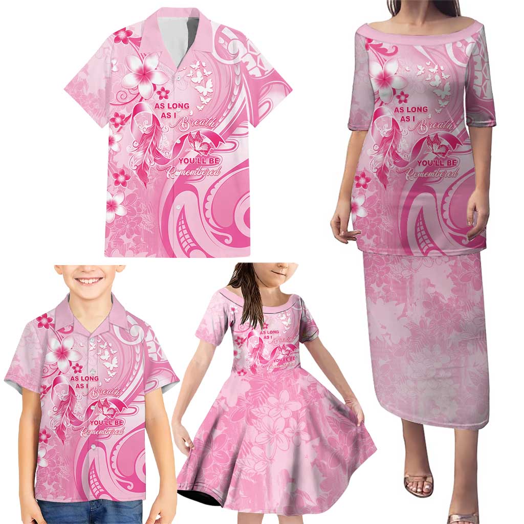 Personalised Memorial Pink Breast Cancer Awareness Family Matching Puletasi and Hawaiian Shirt Plumeria Floral Tribal Pattern LT05 - Polynesian Pride