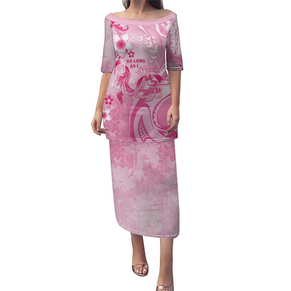 Personalised Memorial Pink Breast Cancer Awareness Family Matching Puletasi and Hawaiian Shirt Plumeria Floral Tribal Pattern LT05 Mom's Dress Pink - Polynesian Pride