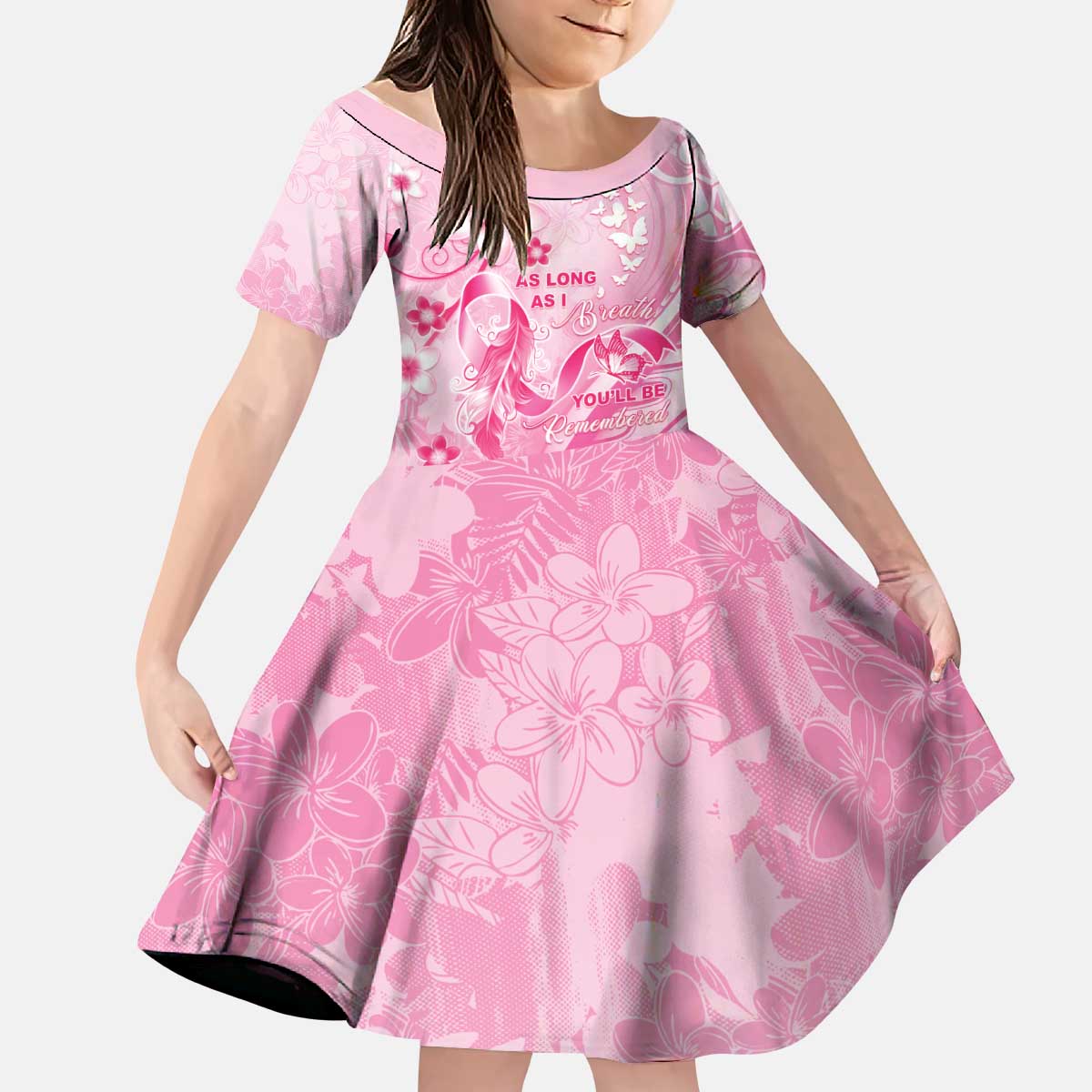 Personalised Memorial Pink Breast Cancer Awareness Kid Short Sleeve Dress Plumeria Floral Tribal Pattern LT05 KID Pink - Polynesian Pride