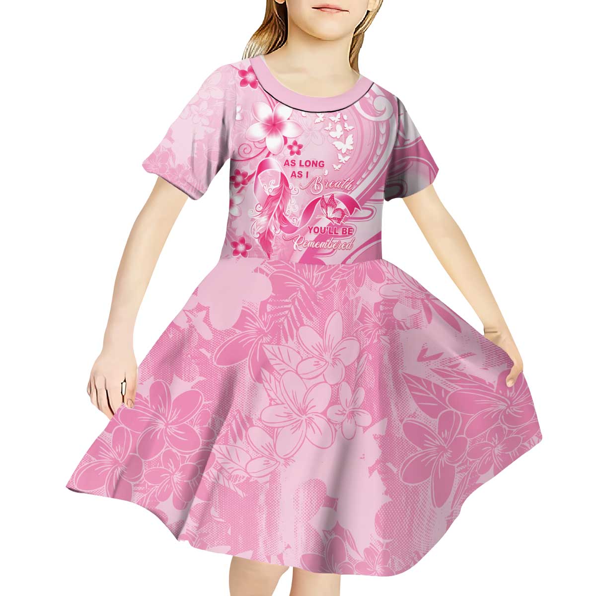 Personalised Memorial Pink Breast Cancer Awareness Kid Short Sleeve Dress Plumeria Floral Tribal Pattern LT05 - Polynesian Pride