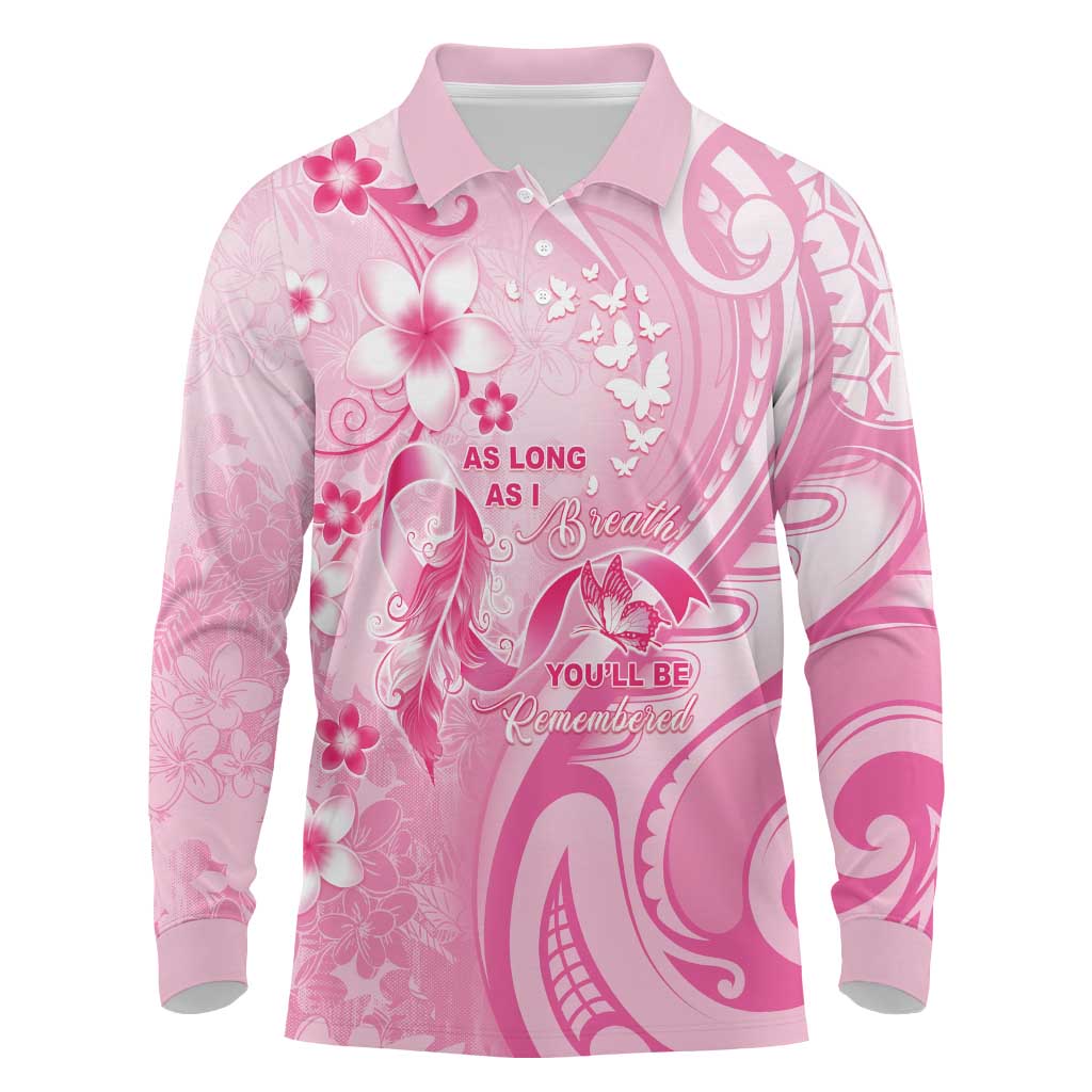 Personalised Memorial Pink Breast Cancer Awareness Long Sleeve Polo Shirt Plumeria Floral Tribal Pattern LT05 Pink - Polynesian Pride