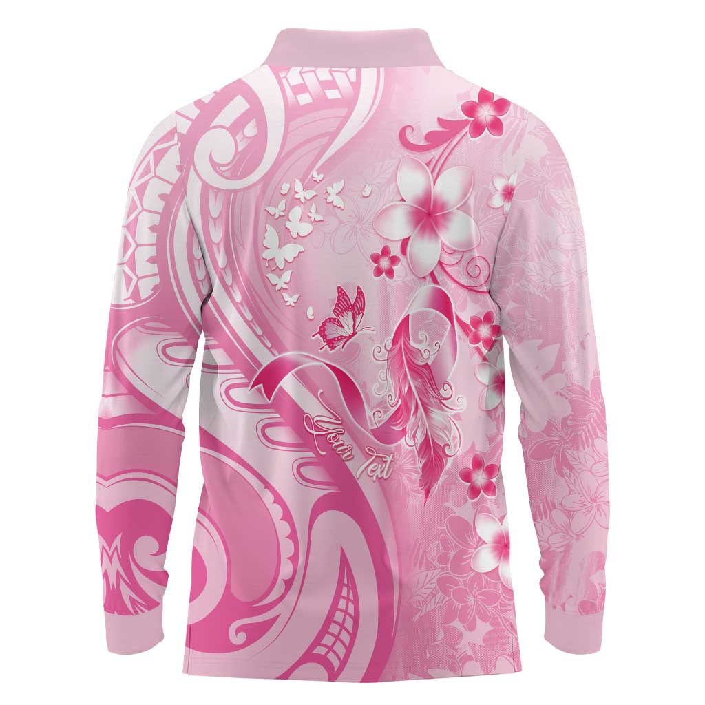 Personalised Memorial Pink Breast Cancer Awareness Long Sleeve Polo Shirt Plumeria Floral Tribal Pattern LT05 - Polynesian Pride