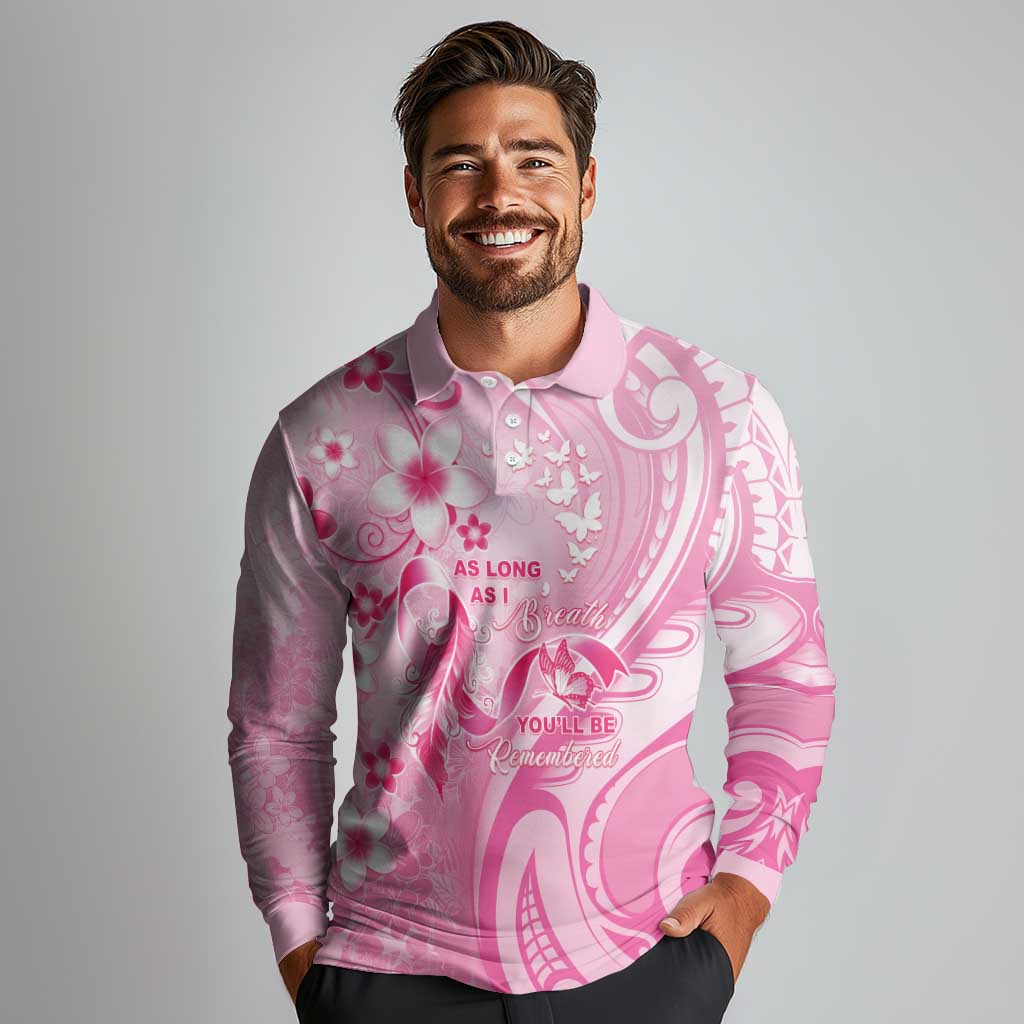 Personalised Memorial Pink Breast Cancer Awareness Long Sleeve Polo Shirt Plumeria Floral Tribal Pattern LT05 - Polynesian Pride