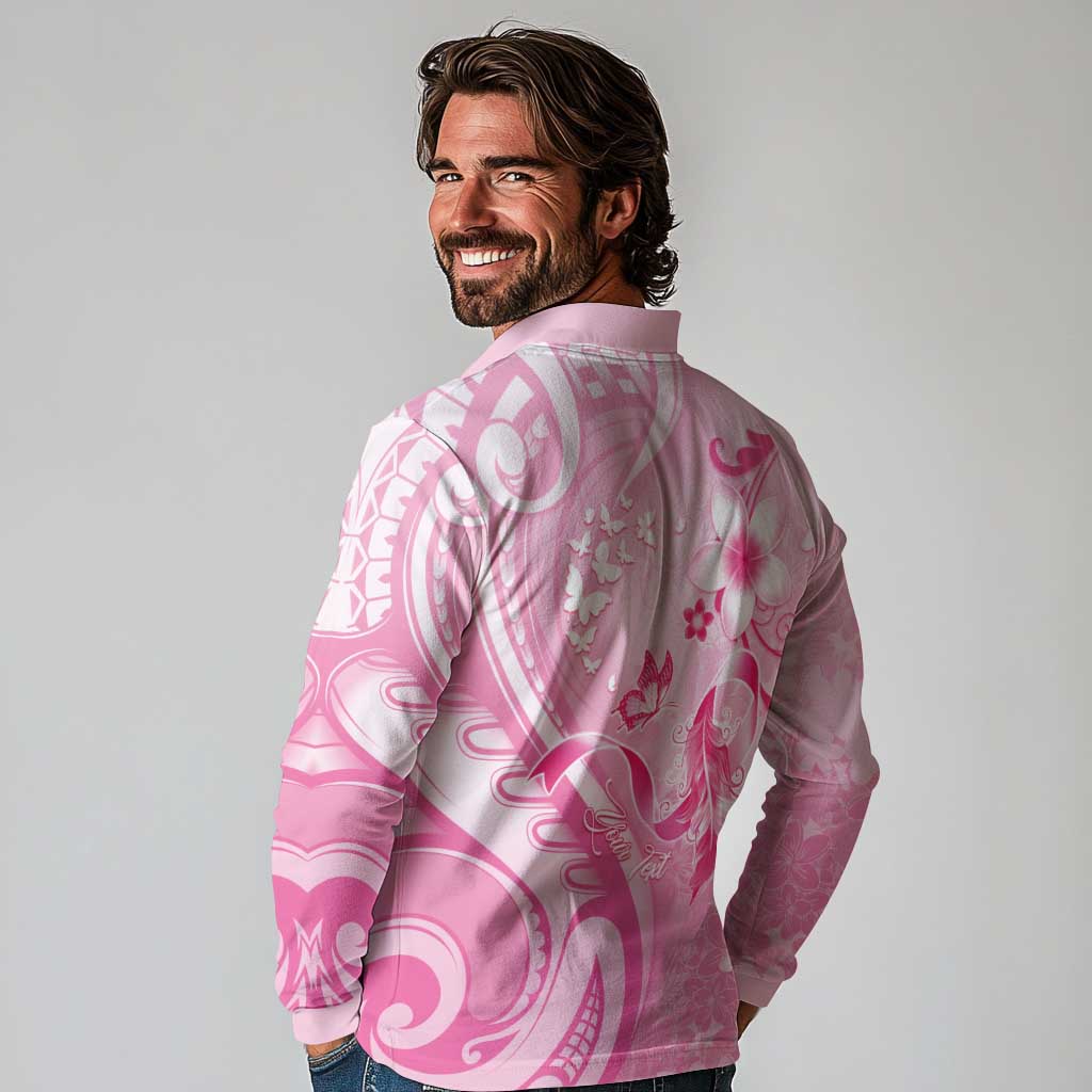Personalised Memorial Pink Breast Cancer Awareness Long Sleeve Polo Shirt Plumeria Floral Tribal Pattern LT05 - Polynesian Pride
