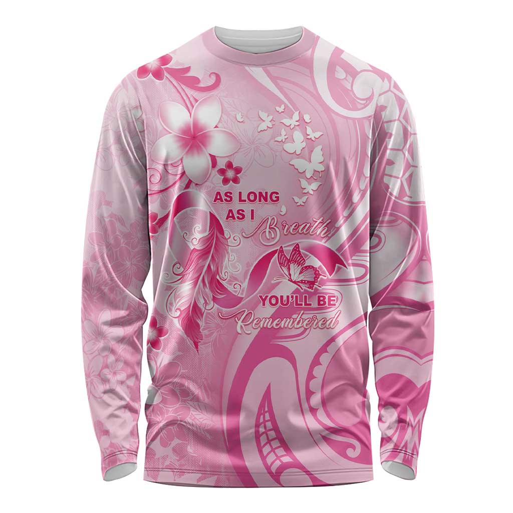 Personalised Memorial Pink Breast Cancer Awareness Long Sleeve Shirt Plumeria Floral Tribal Pattern LT05 Unisex Pink - Polynesian Pride