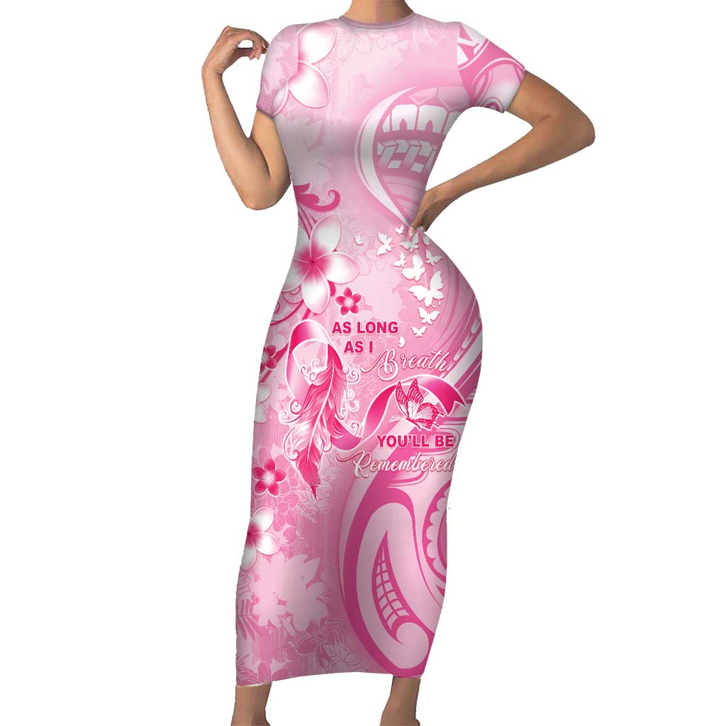Personalised Memorial Pink Breast Cancer Awareness Short Sleeve Bodycon Dress Plumeria Floral Tribal Pattern LT05 Long Dress Pink - Polynesian Pride
