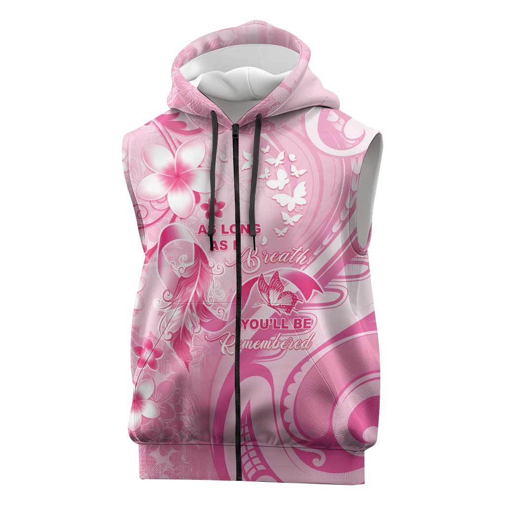 Personalised Memorial Pink Breast Cancer Awareness Sleeveless Zip Hoodie Plumeria Floral Tribal Pattern LT05 Pink - Polynesian Pride